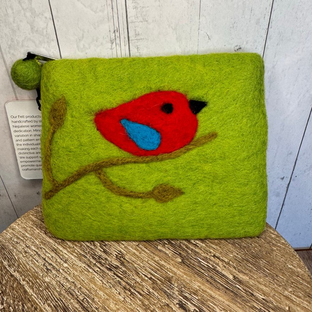 Felted Wool Green Cute Bird Coin Purse Wallet Bright Green Bag NEW! Wallets Boho